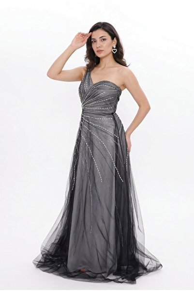 BDM Exclusive Tül Detaylı Tek Omuz Drapeli Uzun Premium Abiye Elbise