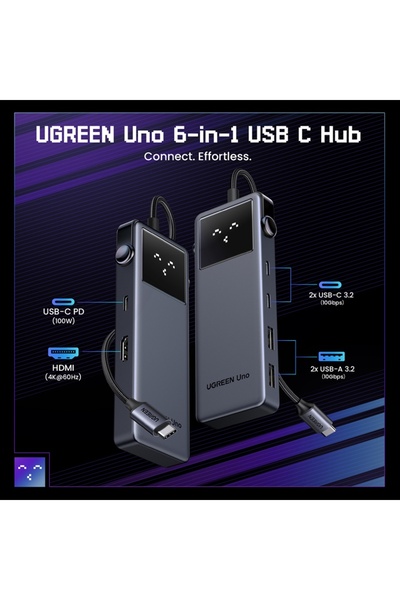 Ugreen Stație de andocare 6 în 1 Tip-C la 2x USB, 2x Tip-C, HDMI, 10 GB/s, 4K, 100 W, SD/TF, Afișaj LED, Negru