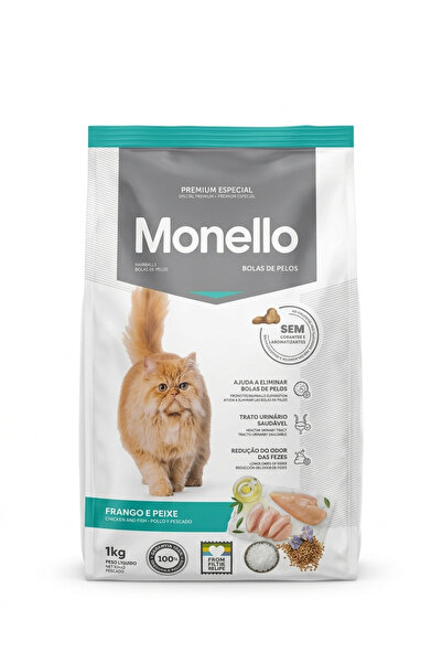 Monello طعام جاف للقطط - دجاج وسمك، تركيبة مضادة لتكوّن كرات الشعر، 1 كجم