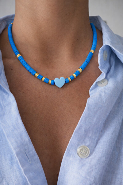 Markiz Takı قلادة فيمو على شكل قلب من زجاج مورانو الأزرق بطول 45 سم + وصلة 5 سم