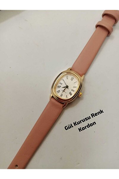 QUARTZ ساعة يد نسائية بتصميم عتيق - حزام بلون وردي باهت - هيكل ذهبي