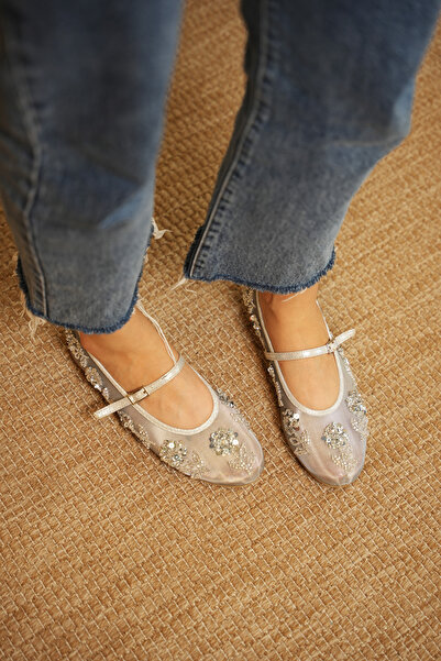 diclepolat حذاء باليه نسائي من القماش الشبكي باللون الفضي مزين بالترتر اللامع...