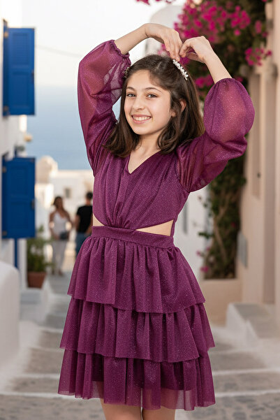 SUBU TASARIM Rochie de seara pentru copii din tul cu sclipici cu volant, prun...