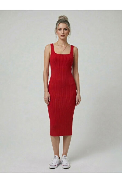 Neden Tekstil Premium Fit Square Neck Corded Fabric Knitwear Midi Dress