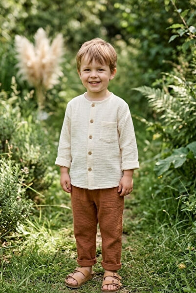 Muslin Kids Set - 100% Cotton Breathable Buttoned Beige Shirt and Brown Pants Double Set