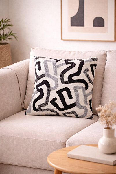 Typoniq مودرن سوفت أبستريكت بنقشة هندسية بوكلي منسوج بلاك غطاء وسادة (43x43 سم)