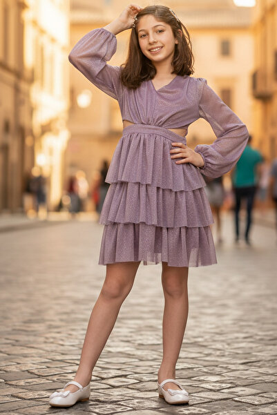 SUBU TASARIM Rochie de seara pentru copii din tul liliac - Volane si sclipici...