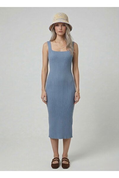 Neden Tekstil Premium Fit Square Neck Corded Fabric Knitwear Midi Dress
