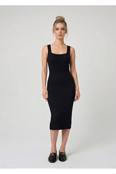 Neden Tekstil Premium Fit Square Neck Corded Fabric Knitwear Midi Dress