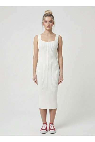 Neden Tekstil Premium Fit Square Neck Corded Fabric Knitwear Midi Dress