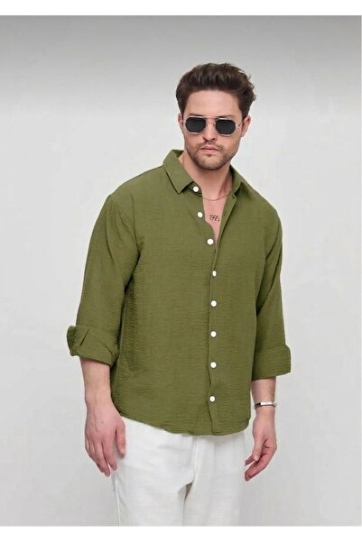 GEIO Cămașă de in pentru bărbați cu croiala supradimensionată