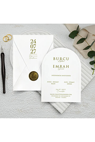 GNDR Mühürlü Beyaz Zarflı Dikey Düğün Davetiyesi - 1005