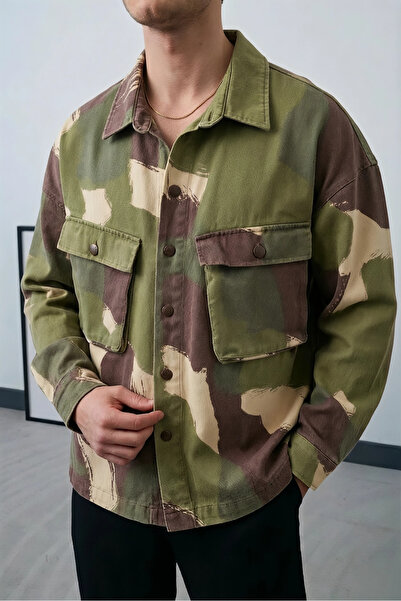 Wonraces جاكيت جينز رجالي كبير الحجم بجيوب كارجو مموهة