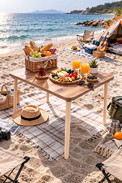 HESA Kamp Masası Ahşap Ayaklı Atlantik Çam Desenli 60*60*47cm özel çantalı ür...