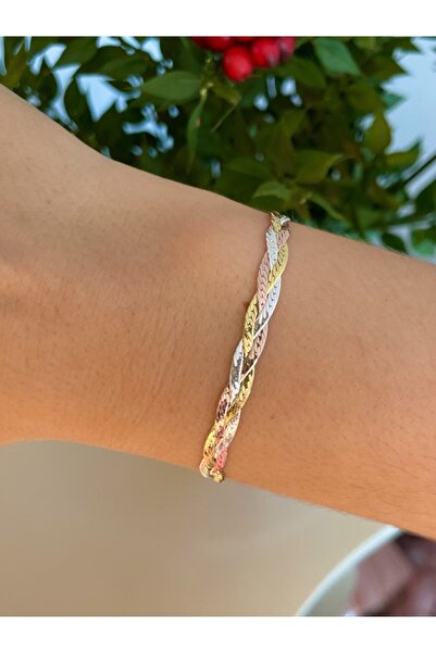 emy by emel luxury silver jewelry Üç Renkli Örgü Bileklik Altın Kaplama 925 A...