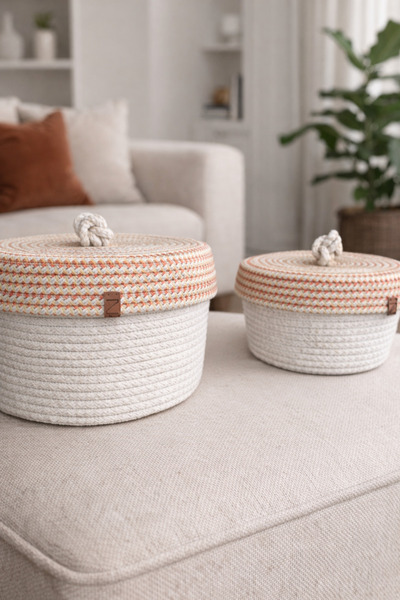 Naspar 2 قطعة / سلة مزخرفة بغطاء - صندوق تخزين متعدد الأغراض - سلة خبز