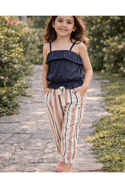 Çikoby Girl's Strappy Cropped Black T-Shirt Striped Pants Top and Bottom Set