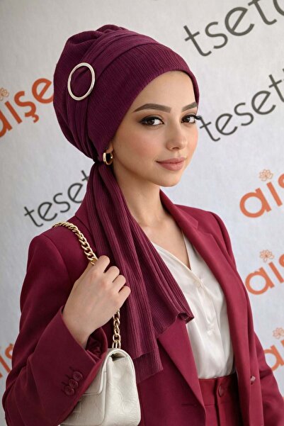 Aişe tesettür Boneta de eșarfă cu cataramă roșie Claret