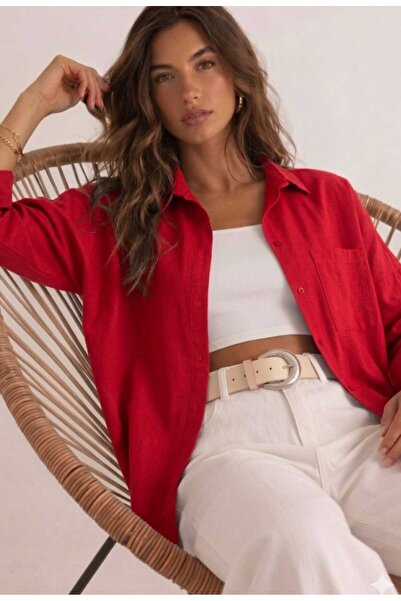 blackbonds Kadın Oversize Kırmızı Pamuklu Rahat Keten Gömlek-Yaz Koleksiyonu