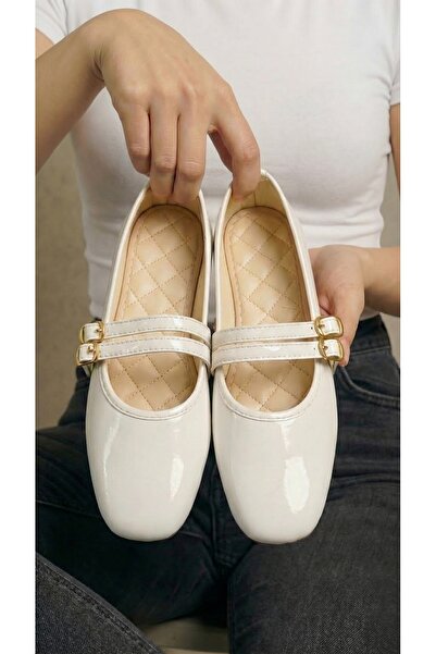 Beyond Women's White Double-Strapped Buckle Patent Leather Mary Jane Ballerin...