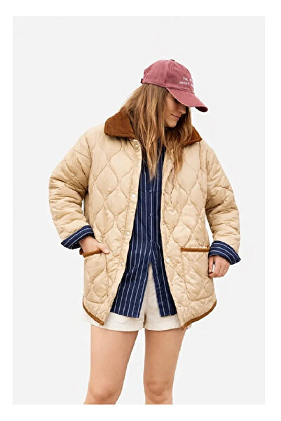 BORCKA TEKSTİL Beige Brown Velvet Piped Quilted Women's Coat