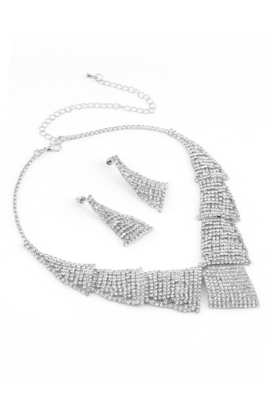 Zeraf Takı Zeraf Işıltılı Parlak Taşlı Gümüş Kolye ve Küpe Takı Seti