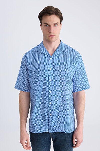 D'S Damat Ds Damat Relaxed Blue Printed 100% Cotton Shirt