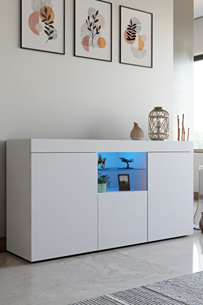 ECM Konsol Led Aydınlatmalı Şık Büfe Katlanabilir Cam Raflı Modern Ve Zarif K...