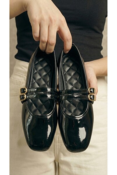 Beyond Women's Black Double Strap Buckle Patent Leather Mary Jane Ballerinas ...