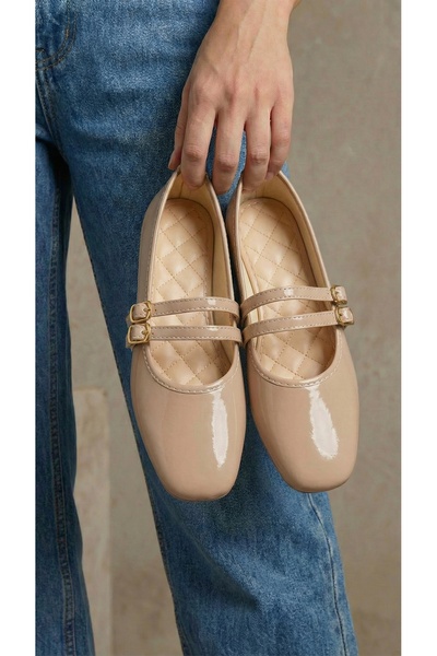 Beyond Women's Mink Double-Strapped Buckle Patent Leather Mary Jane Ballerina...