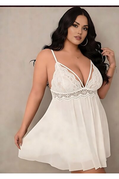 GLOWNİGHT Ekru Renk Fiyonk Detaylı Kadın Dantel Detaylı Tül Gecelik