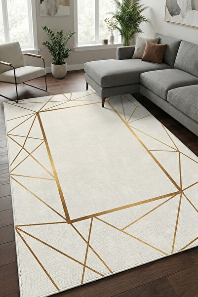 VOPTEKS Beyaz Gold Halı Salon Halısı Makinede Yıkanabilir Halı Kaymaz Taban Halı