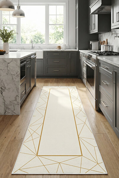 VOPTEKS Beyaz Gold Halı Mutfak Halısı Makinede Yıkanabilir Halı Kaymaz Taban ...