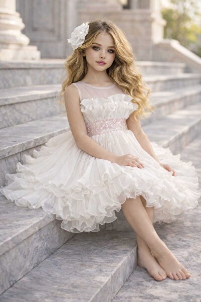 By Feyza Kids Collection kız çocuk Beyaz Abiye Elbise Payetli Fiyonklu Prense...