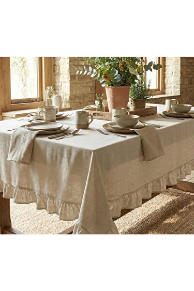 HOME ART ATELIER hand made مفرش طاولة طبيعي مزخرف بالكشكشة - سلسلة مفارش طاول...