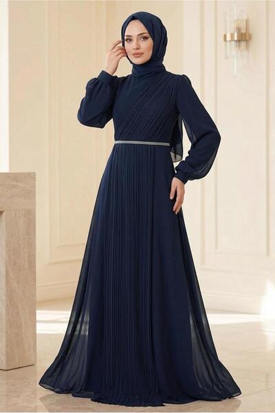 TRENDTESETTÜR KADIN LACİVERT DRAPE DETAYLI ABİYE ELBİSE T 9363