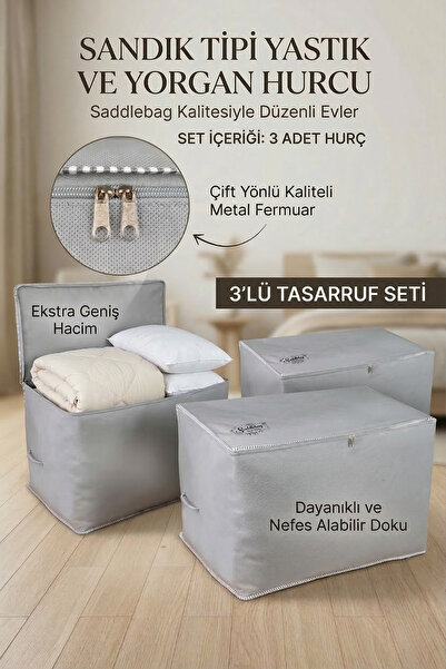 Textile sweet 3'Lü Set Sandık Tipi Yastık Yorgan Saklama Hurcu 75x45x45