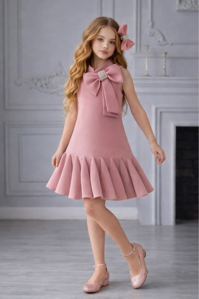 By Feyza Kids Collection By Feyza Kız Çocuk Pudra Kısa Pileli Elbise Taş Fiyo...