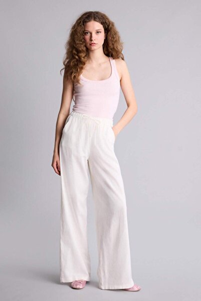 DeFacto Wide Leg Çift Cepli Beli Lastikli Standart Boy Keten Karışımlı Pantol...