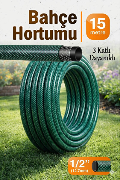 Badem10 (15 Metre) Dayanıklı 3 Katlı Sağlam Klasik Bahçe Çeşme Hortumu Su Sul...