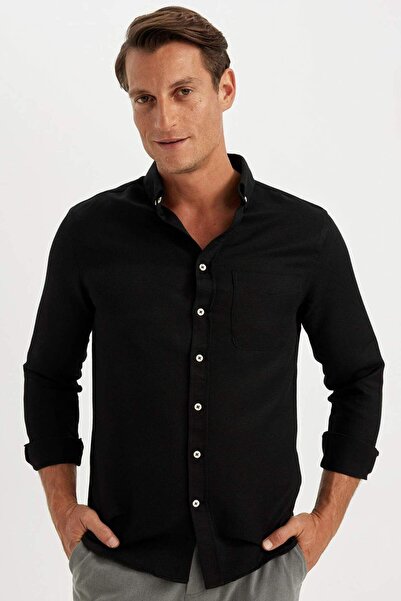 DeFacto Slim Fit Dar Kesim Polo Yaka Dokulu Uzun Kollu Gömlek T2066AZ24AU