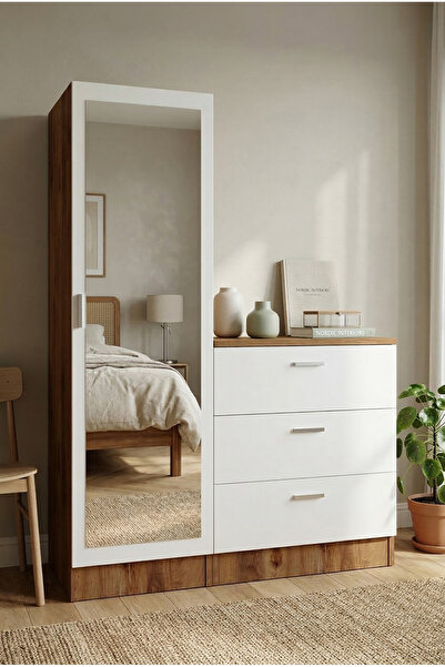 Robin Home Beyaz Atlantik Çam Lyana Aynalı 3 Çekmeceli Şifonyer Gardırop