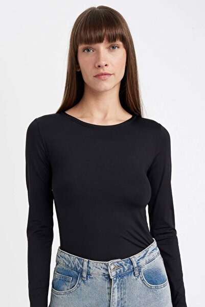 DeFacto Μαύρο εφαρμοστό Slim Fit Crew Neck Basic Απλό Μακρυμάνικο Μπλουζάκι D...