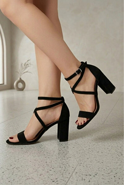 beelleshoe Defne Black Suede New Season Cross-Strap Heel Women's Sandals