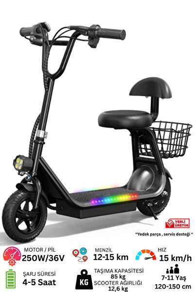 Sportaj Harley Elektrikli Çocuk Scooter Oturaklı Sepetli Led Işıklı 7-11 Yaş ...