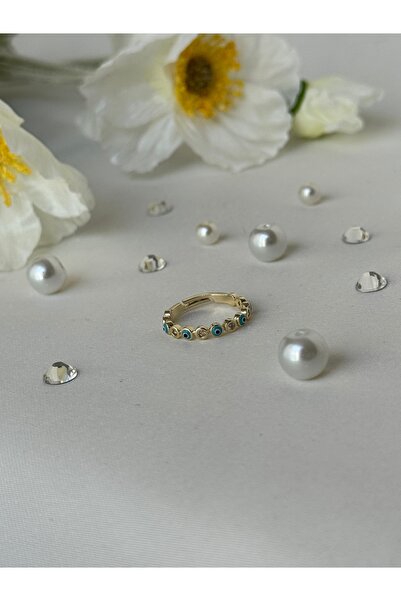 IrisAndCo Mavi Nazar Boncuklu ve Zirkon Taşlı Ayarlanabilir Gold Yüzük