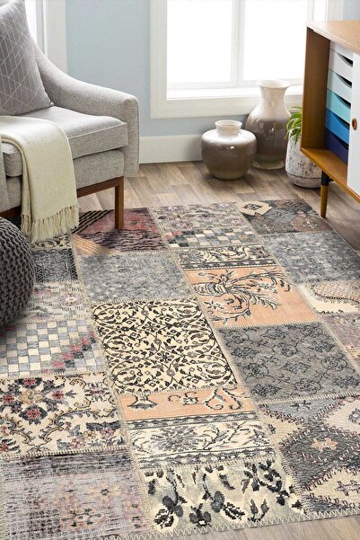 Frenda Patchwork Desenli Pamuk Taban Dijital Baskılı Yıkanabilir Halı Bej