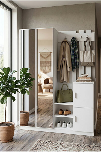 Robin Home Benjamin Aynalı Vestiyer Portmanto Ayakkabılık Beyaz