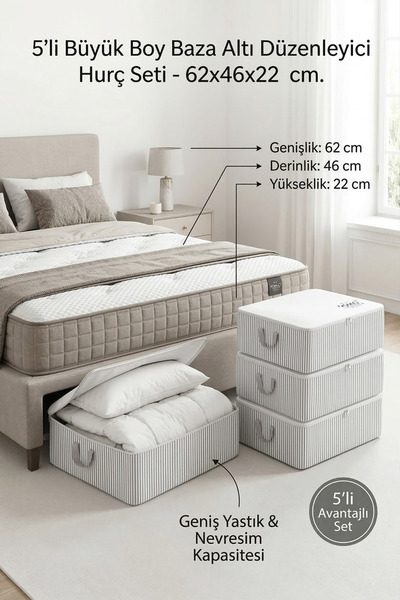 Textile sweet 5'li Büyük Boy Yastıklık Beyaz Gri Çizgili Baza Altı Düzenleyic...