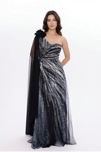 BDM Exclusive Dijital Baskılı Tül İnci Çakmalı Asimetrik Tasarım Abiye Elbise